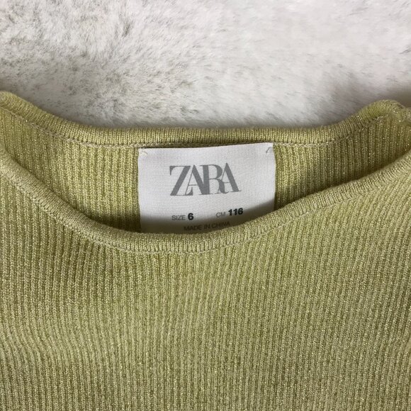 Kids Girls ZARA Golden Lime Metallic Puff Sleeve Mini Dress Size 6 - Picture 4 of 6